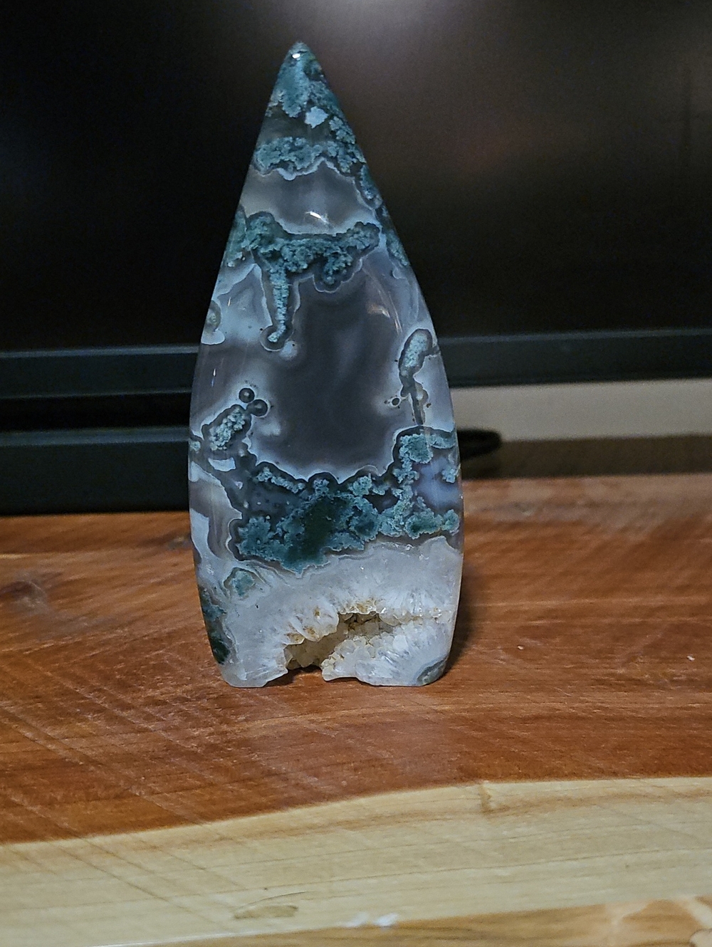 Polished Moss Agate Decorative Stand - Green and Gray Home Art